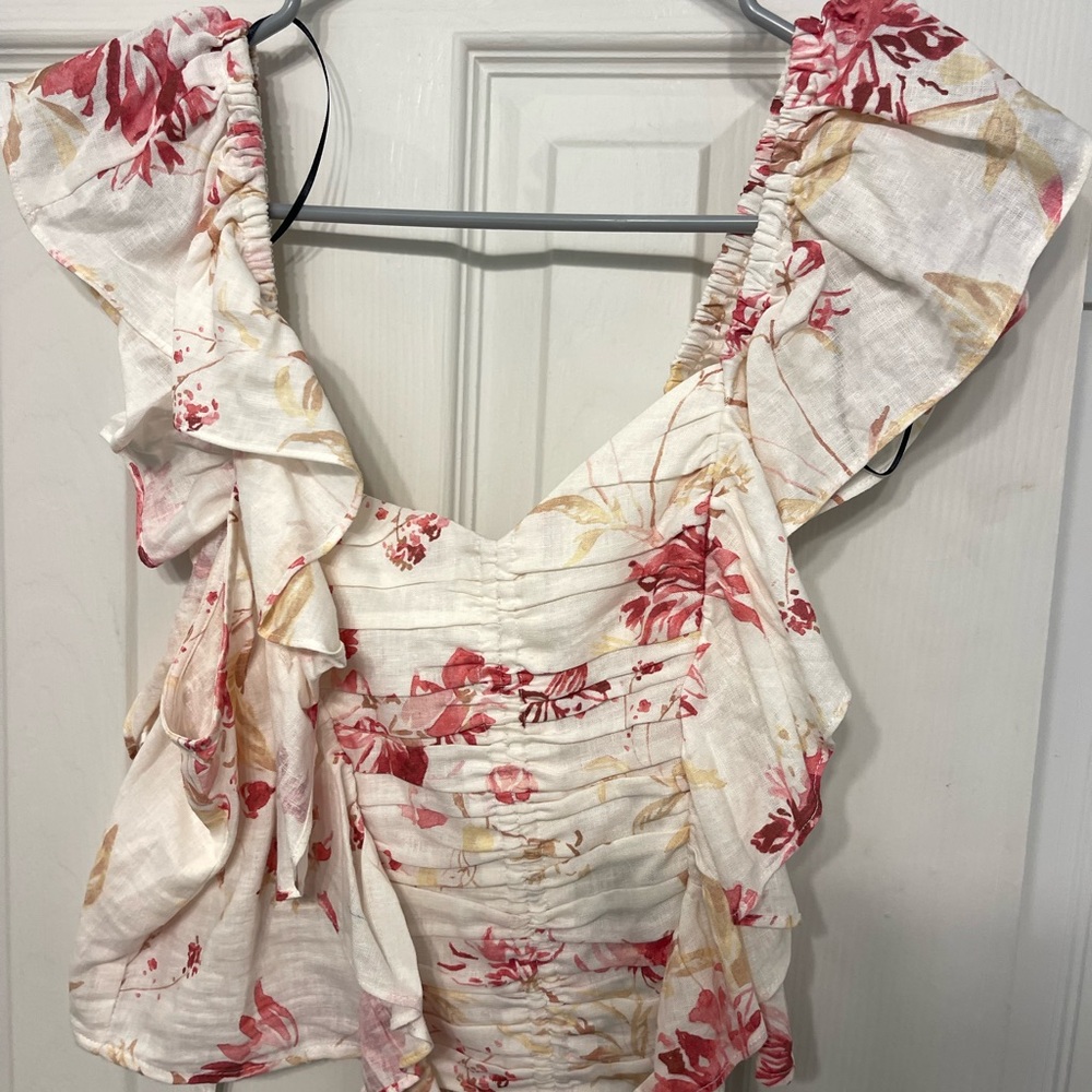 Zara Ruffled Flutter Sleeve Cream and Red Blouse